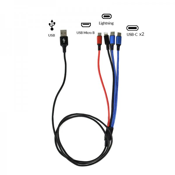 Cable USB  4 en 1 - 2 Type C / 1 Micro Usb / 1 Lightning 125 cm 2.8A